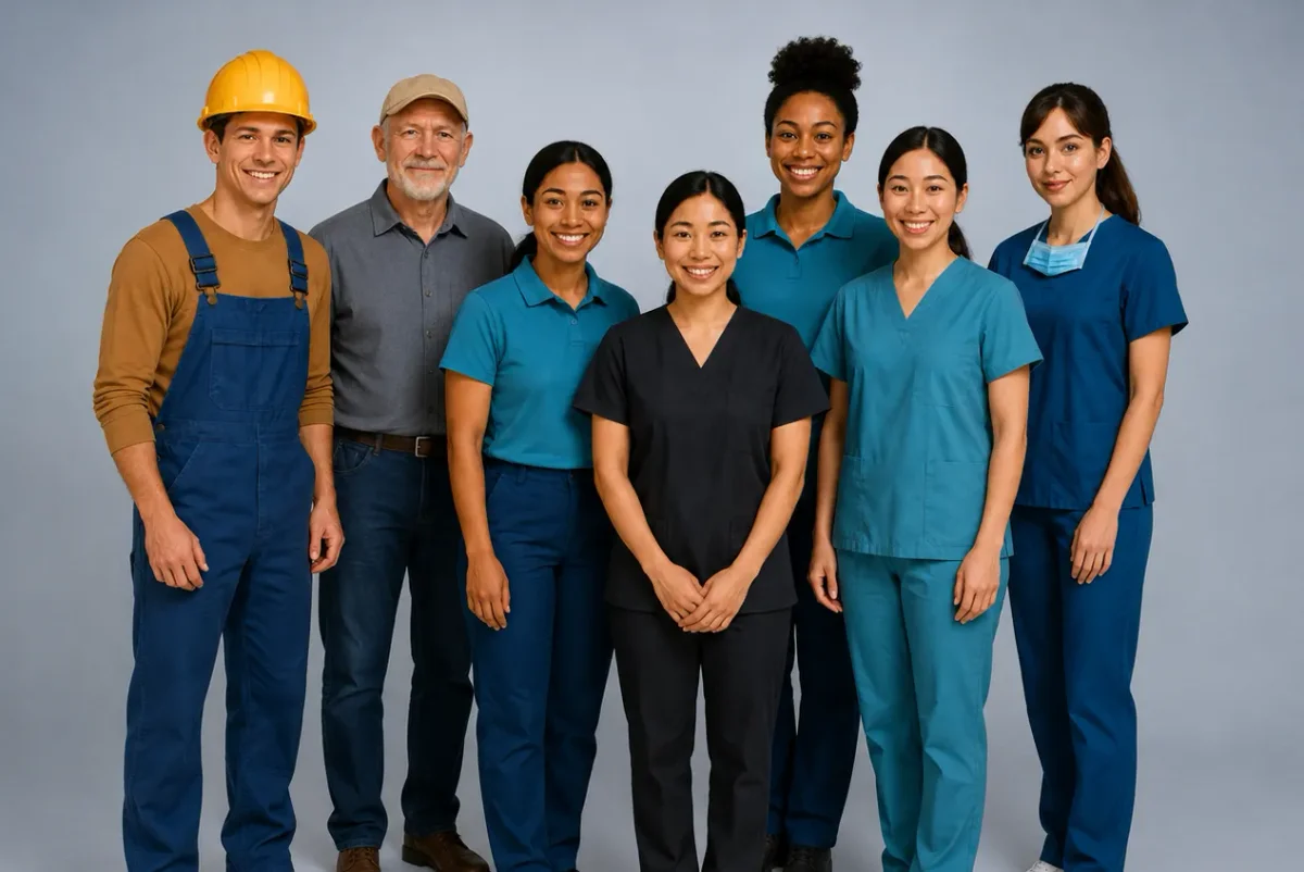 A diverse group of workers in construction, service, and healthcare uniforms