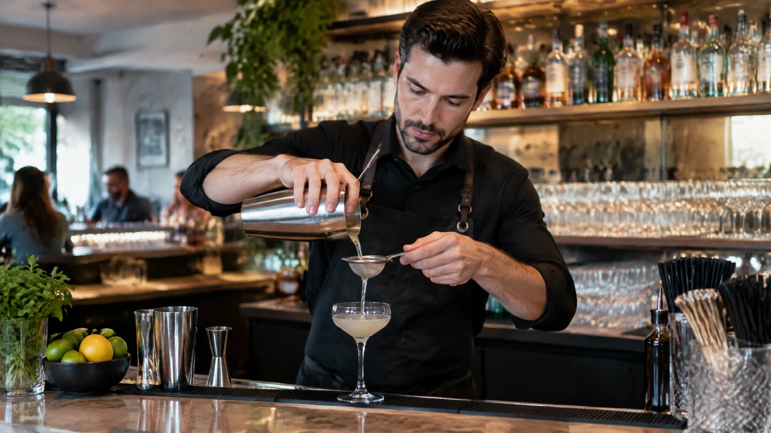 Bartender Stage 1 grammar practice behind a bar