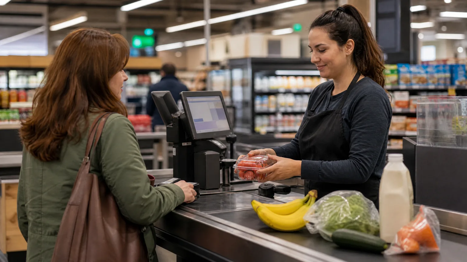 Cashier at a checkout counter during Stage 1 practice