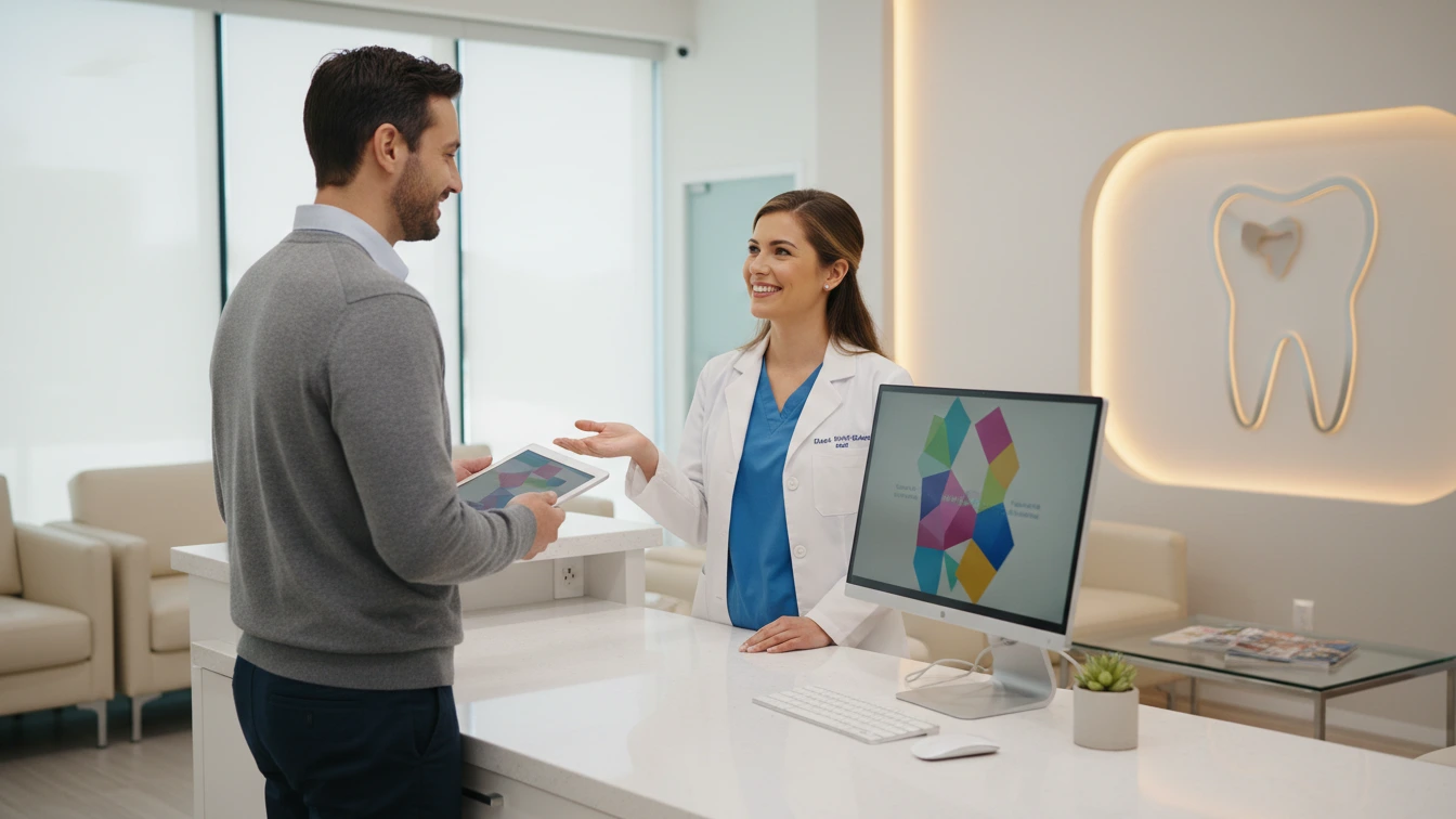 Dental receptionist at a clinic front desk during Stage 1 practice