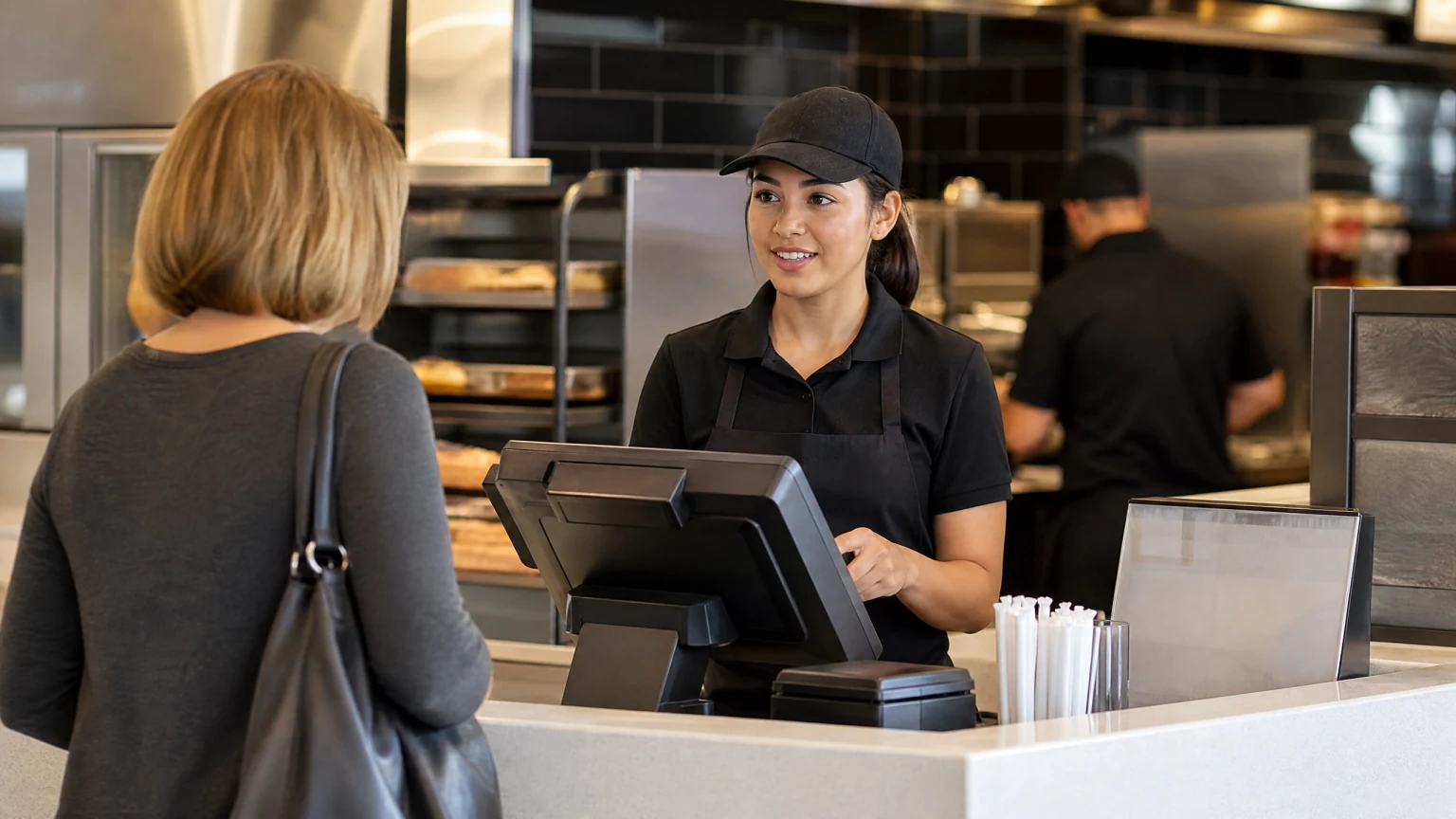 Fast food worker at a counter during Stage 1 practice