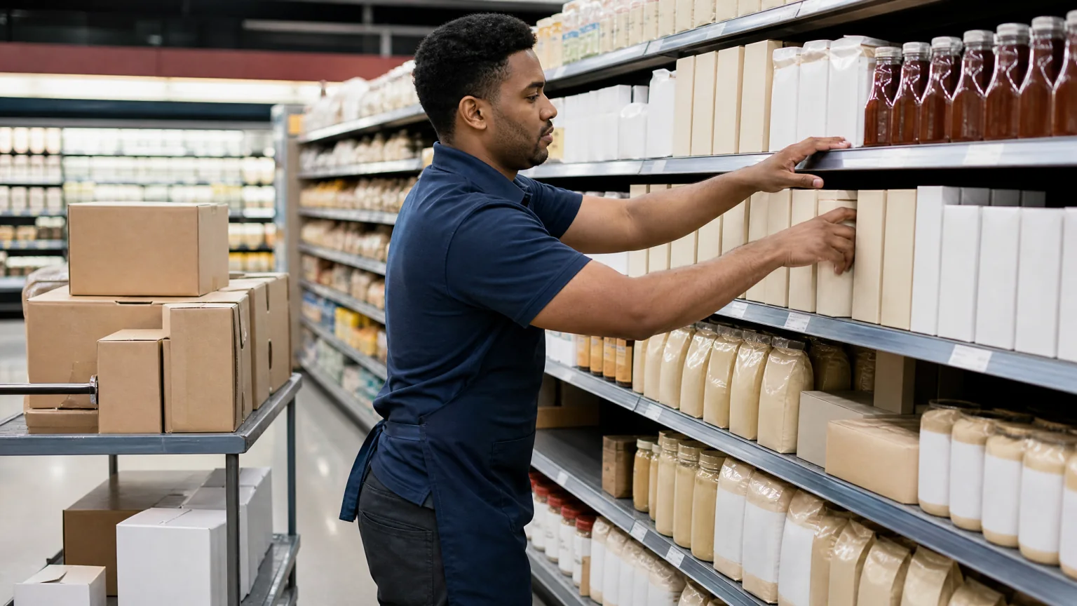 Grocery store stocker working a shelf during Stage 1 practice