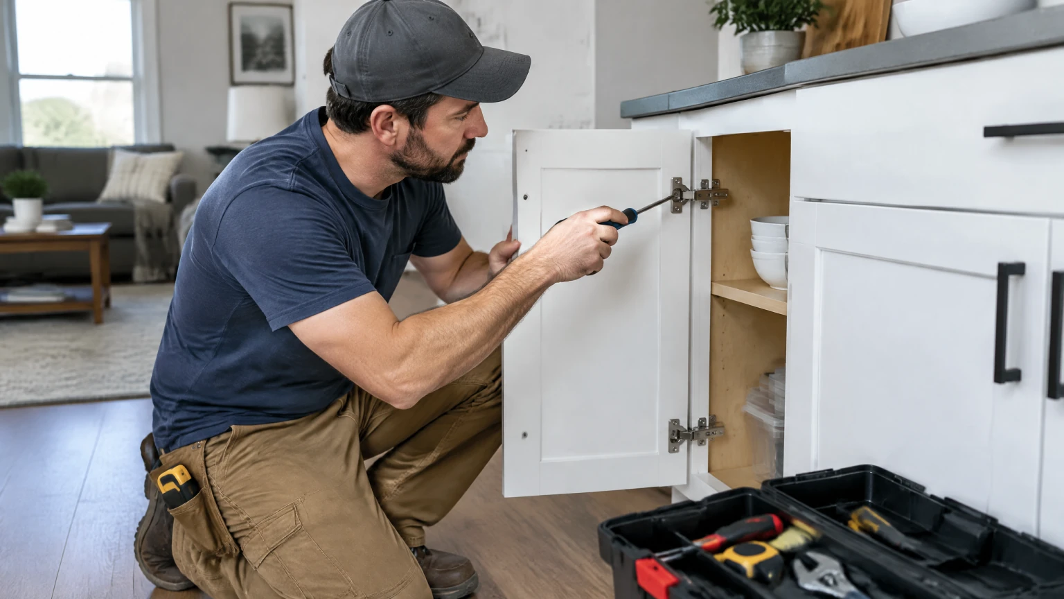 Handyman doing a small home repair during Stage 1 practice