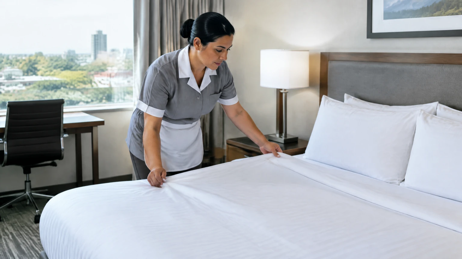 Hotel housekeeper making a bed during Stage 1 practice