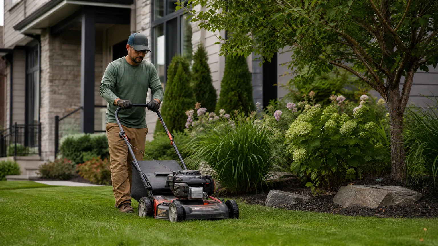 Landscaper maintaining outdoor grounds during Stage 1 practice