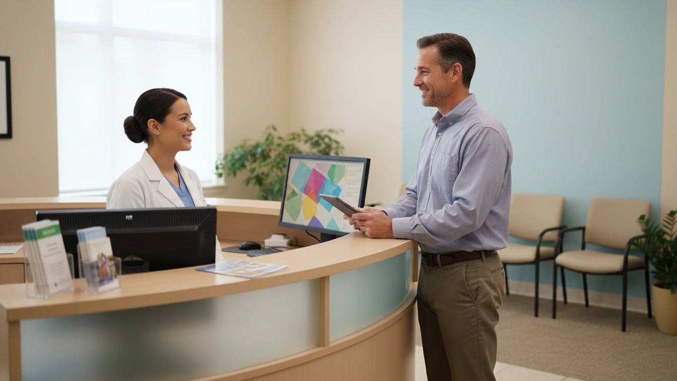 Medical receptionist at a clinic front desk during Stage 1 practice
