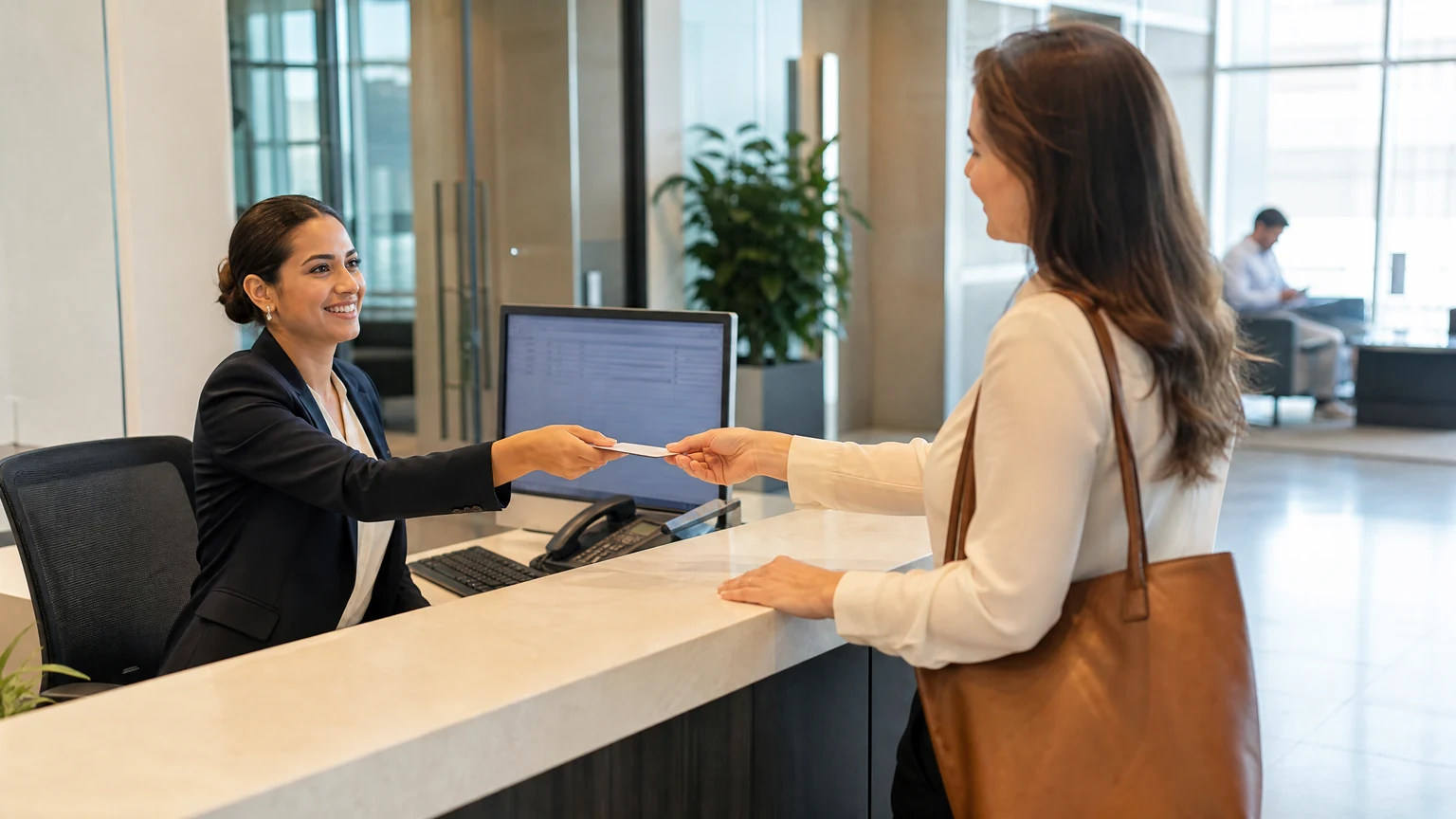 Office receptionist at a front desk during Stage 1 practice