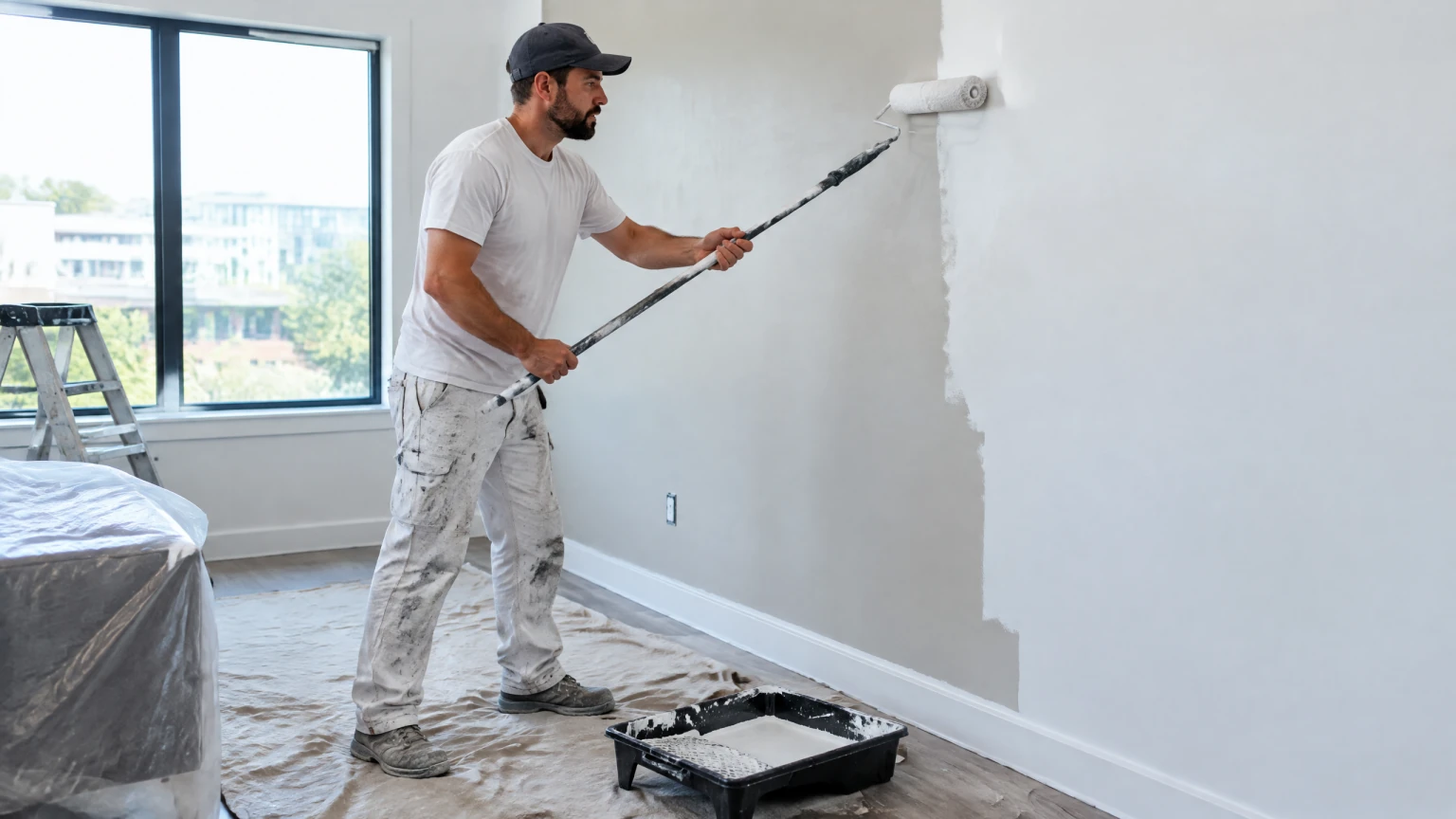 House painter rolling a wall during Stage 1 practice