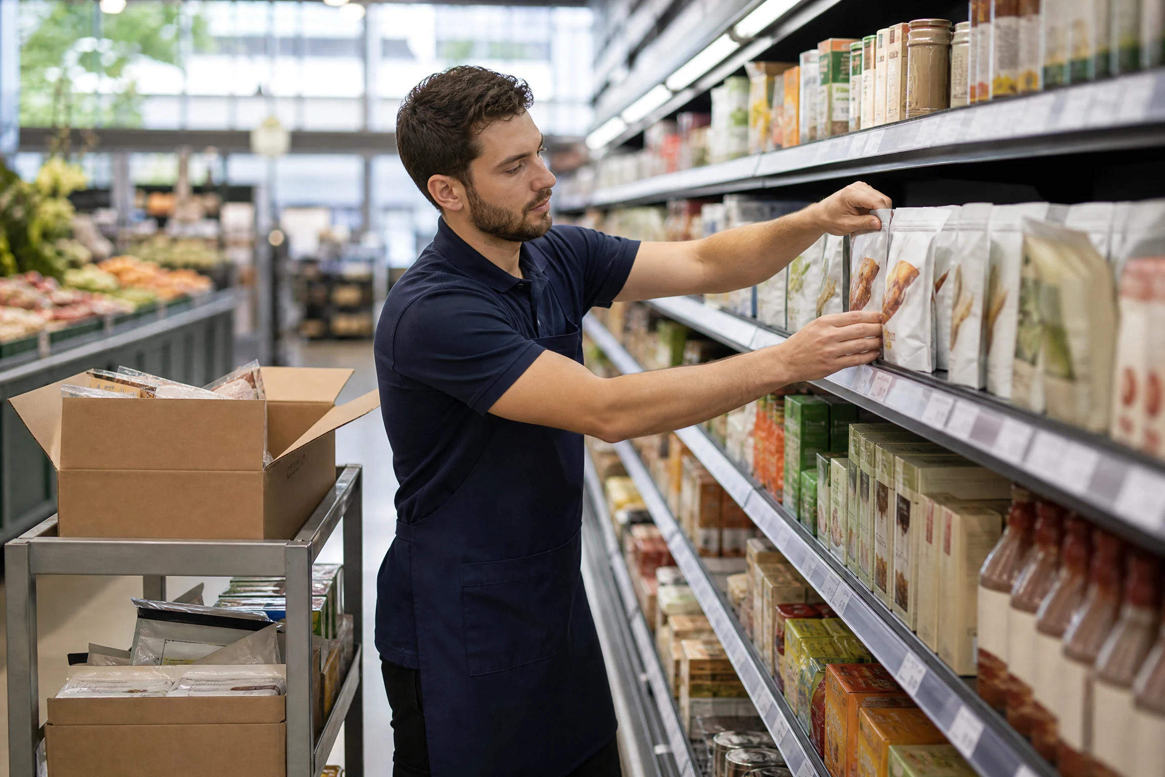 Grocery Store Stocker job artwork for Speak2Work English practice.