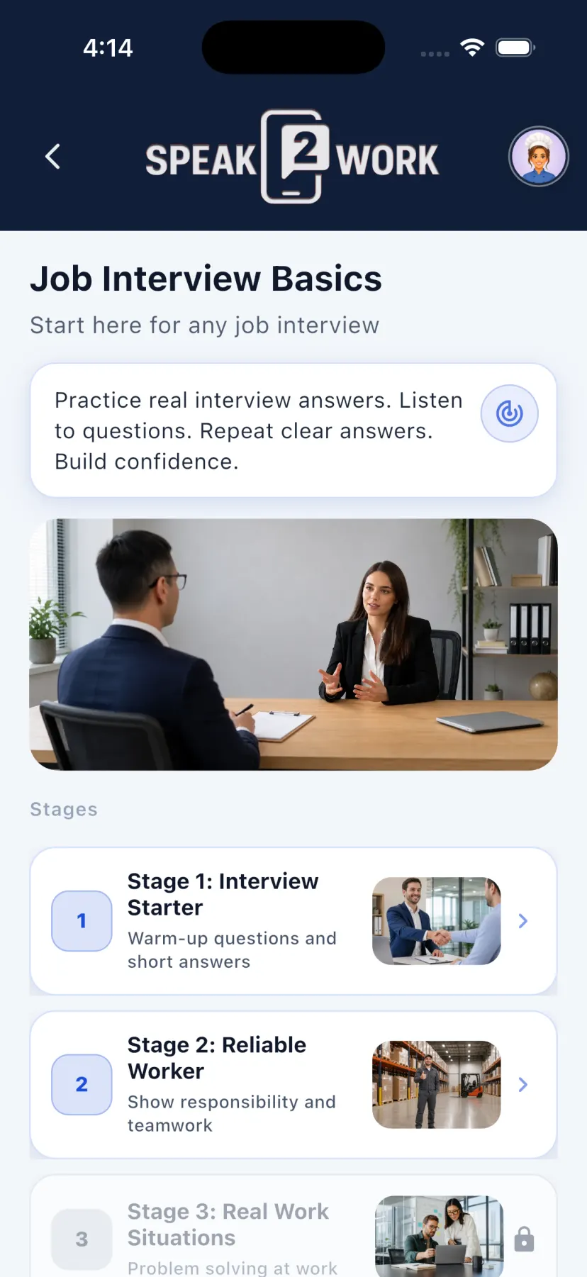 Job Interview Basics screen listing interview practice stages in Speak2Work.