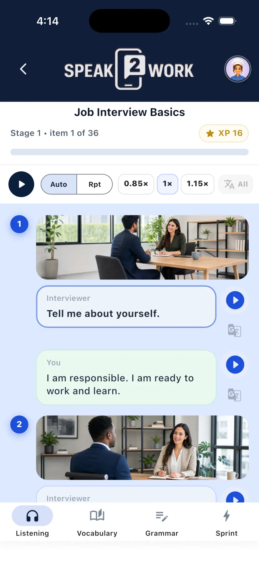 Speak2Work listening lesson playing a Tell me about yourself interview dialogue.
