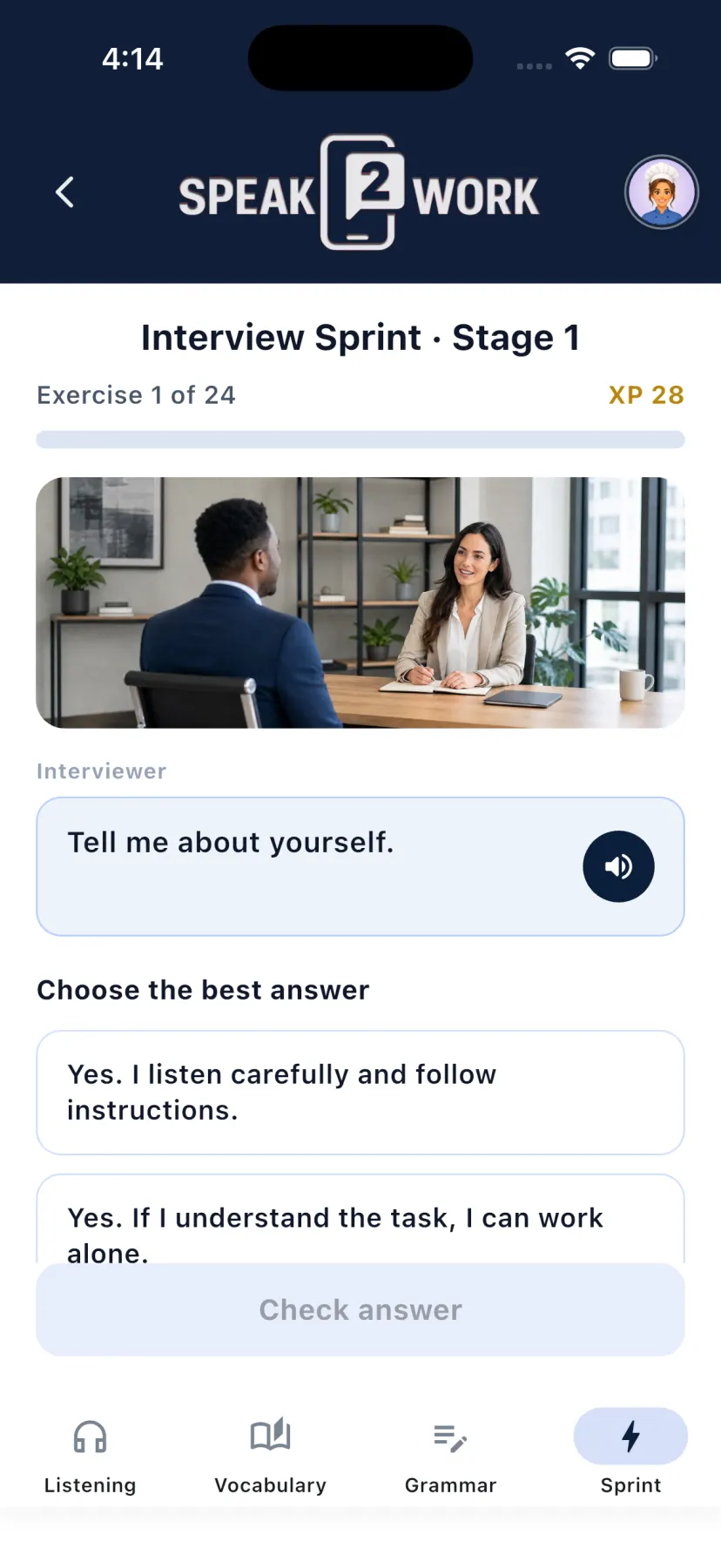 Speak2Work Interview Sprint Stage 1 practice screen.