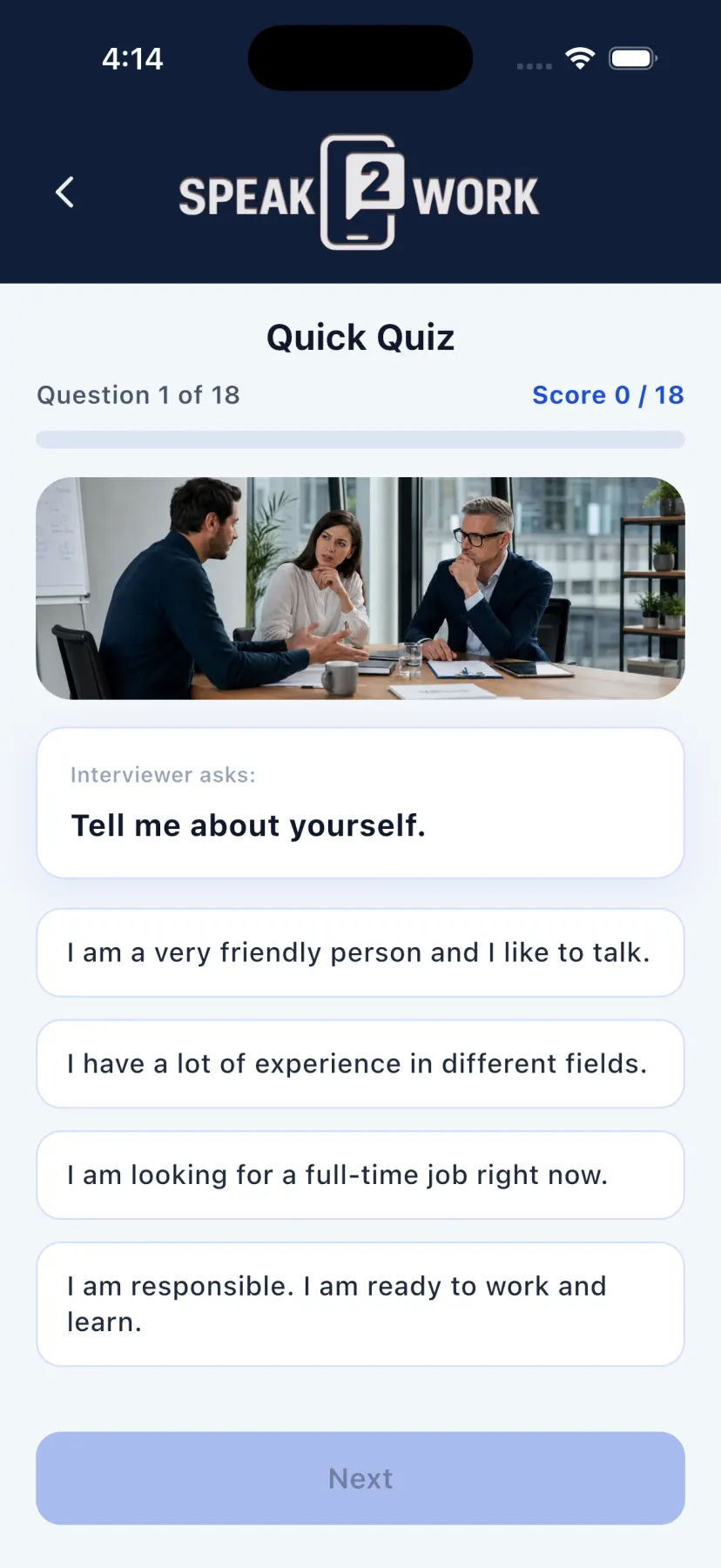 Speak2Work Quick Quiz screen for interview English practice.